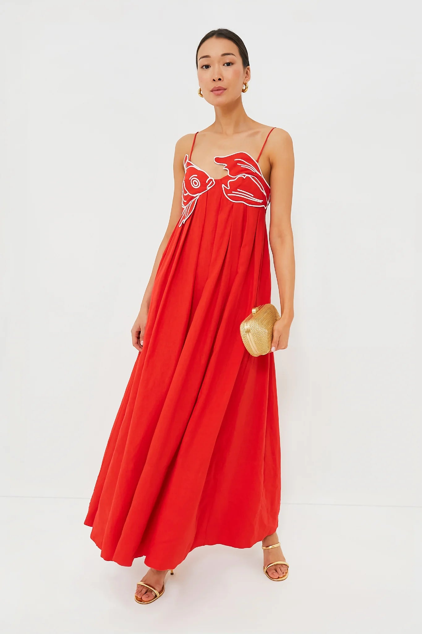 Rosalie Fish Embroidered Pleated Camisole Sleeveless Women's Dress